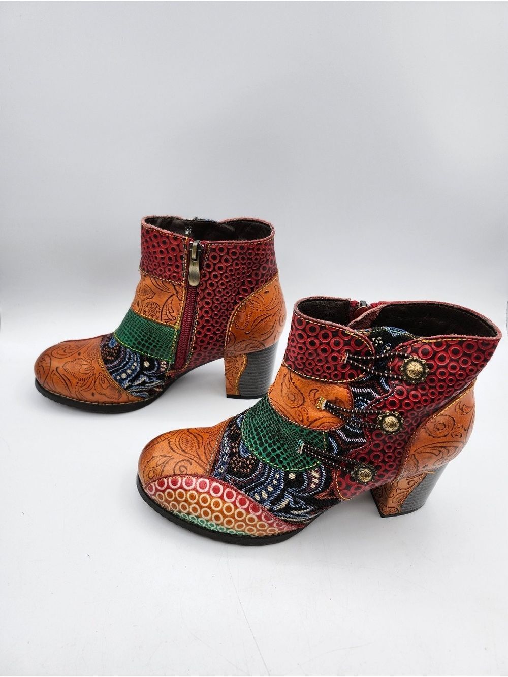Socofy Leather Multicolor Patchwork Embossed Ankle Booties Colorful 3" Heel - Picture 5 of 9